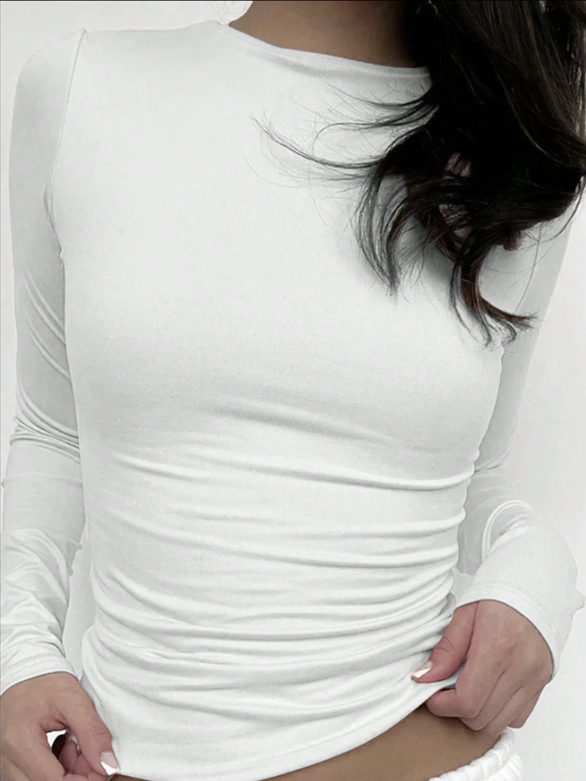 Sundraya Women's Solid Color Round Neck Ruched Slim Fit Long Sleeve T-Shirt Fall Cloth For Women
