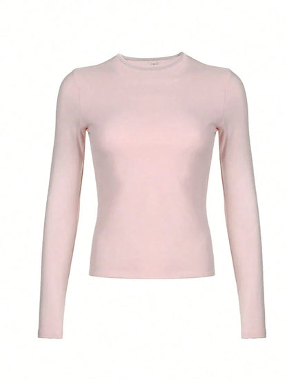 Sundraya Women's Solid Color Round Neck Ruched Slim Fit Long Sleeve T-Shirt Fall Cloth For Women