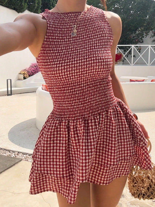Sunnyshic Blue Plaid Sleeveless Slim-Fit Belted Mini Dress, Sweet French Style For Summer Vacation