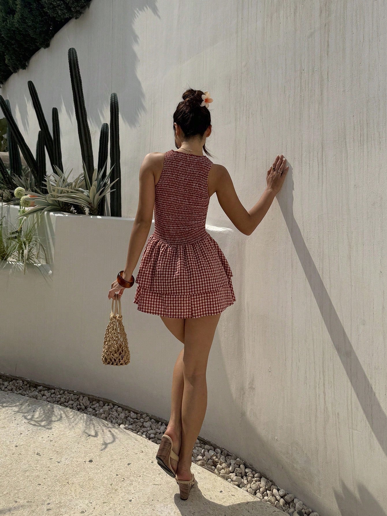 Sunnyshic Blue Plaid Sleeveless Slim-Fit Belted Mini Dress, Sweet French Style For Summer Vacation
