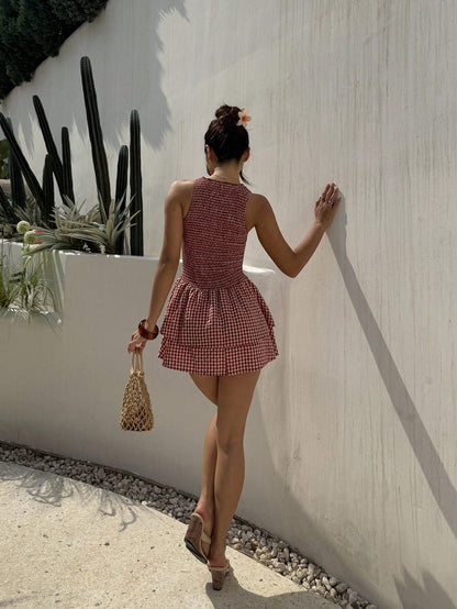 Sunnyshic Blue Plaid Sleeveless Slim-Fit Belted Mini Dress, Sweet French Style For Summer Vacation