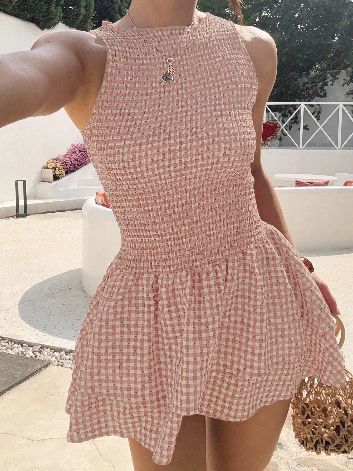 Sunnyshic Blue Plaid Sleeveless Slim-Fit Belted Mini Dress, Sweet French Style For Summer Vacation