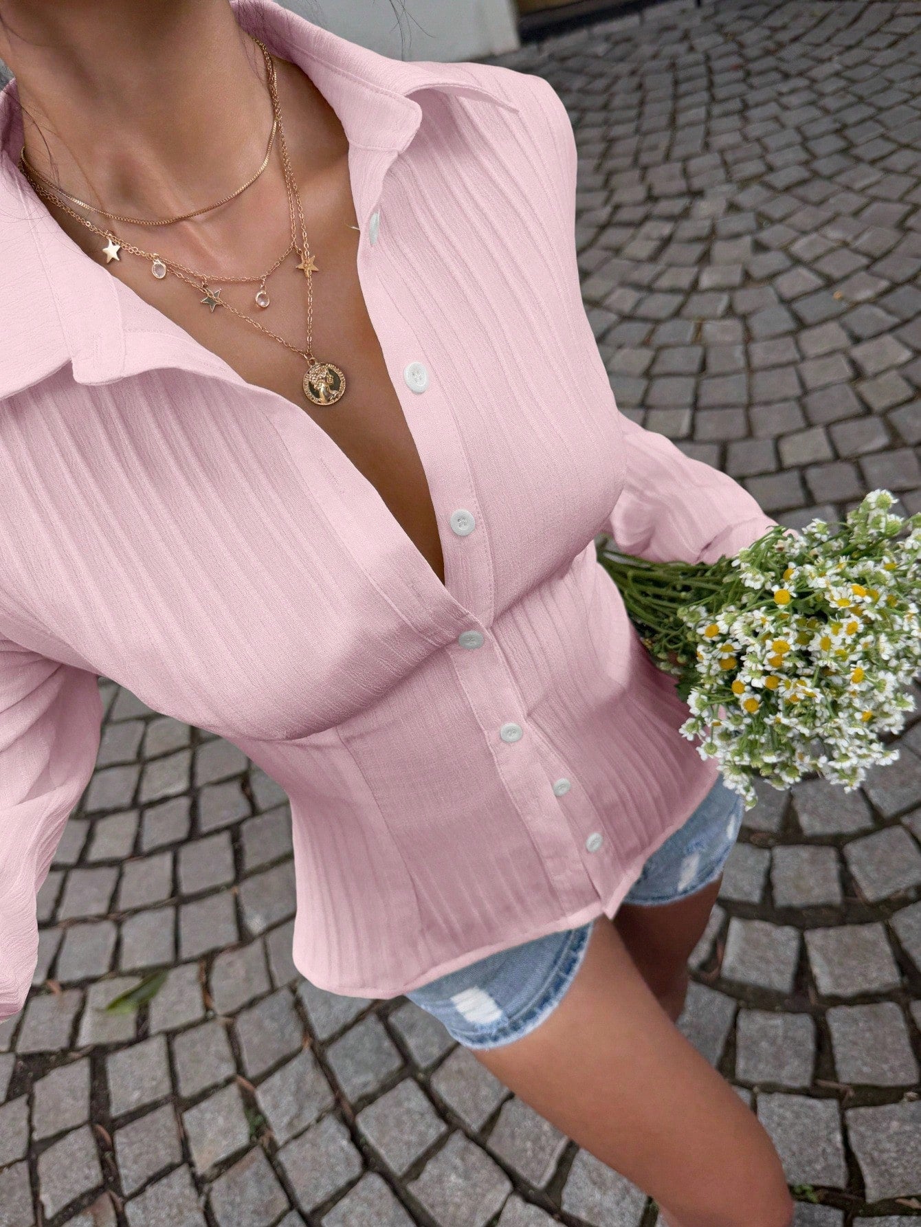 Sunnyshic Soft Pink,Summer,Effortless Chic,Everyday Women's Anti-Wrinkle Striped Button Front Shirt Collar Long Sleeve Ruffle Cuffs Fitted Blouse,Office Casual