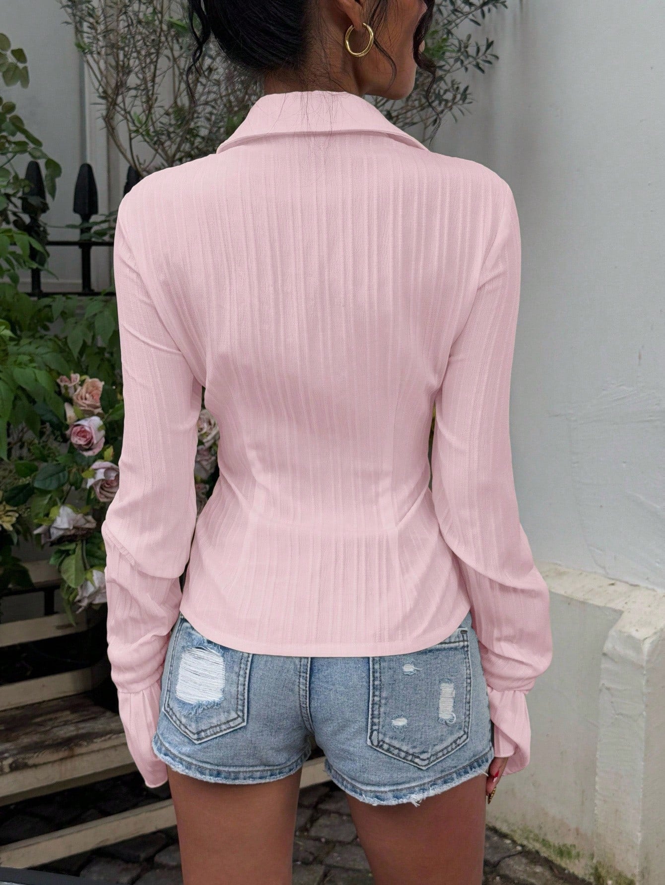 Sunnyshic Soft Pink,Summer,Effortless Chic,Everyday Women's Anti-Wrinkle Striped Button Front Shirt Collar Long Sleeve Ruffle Cuffs Fitted Blouse,Office Casual
