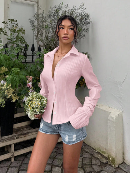 Sunnyshic Soft Pink,Summer,Effortless Chic,Everyday Women's Anti-Wrinkle Striped Button Front Shirt Collar Long Sleeve Ruffle Cuffs Fitted Blouse,Office Casual
