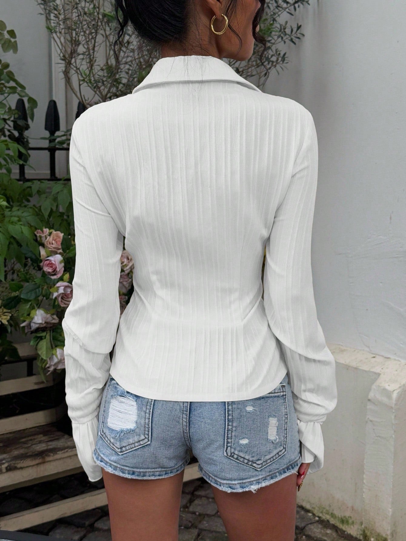 Sunnyshic Soft Pink,Summer,Effortless Chic,Everyday Women's Anti-Wrinkle Striped Button Front Shirt Collar Long Sleeve Ruffle Cuffs Fitted Blouse,Office Casual