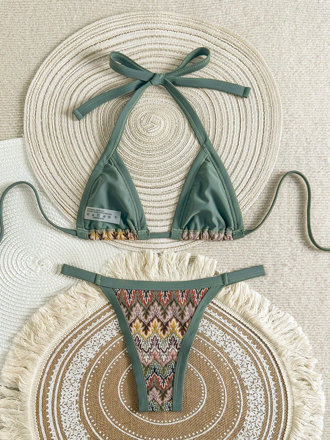 Sunnyshic Women 2-Piece Textured Knit Bikini Set, Multicolor Cut-Out Tie Front Crop Top And Bottoms, Beach Swimwear, Vacationcore