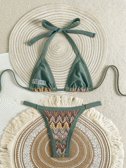 Sunnyshic Women 2-Piece Textured Knit Bikini Set, Multicolor Cut-Out Tie Front Crop Top And Bottoms, Beach Swimwear, Vacationcore