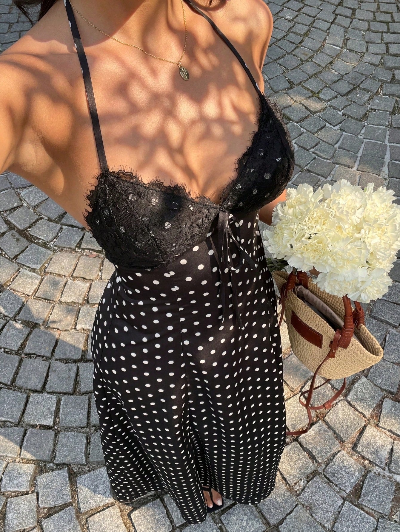 Sunnyshic Women Black And White Polka Dot Lace Patchwork V-Neck Halter Backless Maxi Dress,Elegant Summer Holiday Vacation,Wedding Guest Minimalist Daily Wear