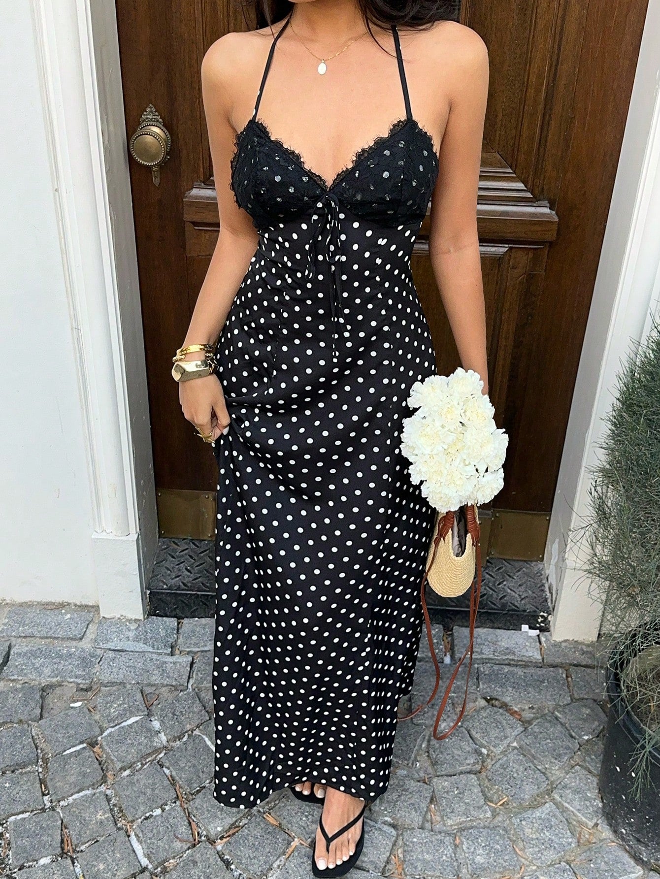 Sunnyshic Women Black And White Polka Dot Lace Patchwork V-Neck Halter Backless Maxi Dress,Elegant Summer Holiday Vacation,Wedding Guest Minimalist Daily Wear