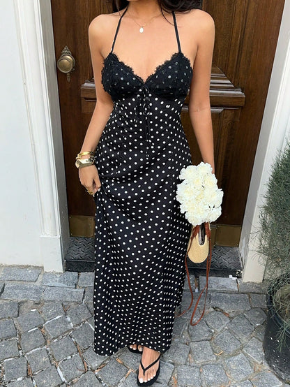 Sunnyshic Women Black And White Polka Dot Lace Patchwork V-Neck Halter Backless Maxi Dress,Elegant Summer Holiday Vacation,Wedding Guest Minimalist Daily Wear