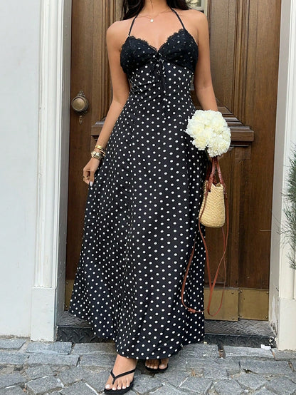 Sunnyshic Women Black And White Polka Dot Lace Patchwork V-Neck Halter Backless Maxi Dress,Elegant Summer Holiday Vacation,Wedding Guest Minimalist Daily Wear