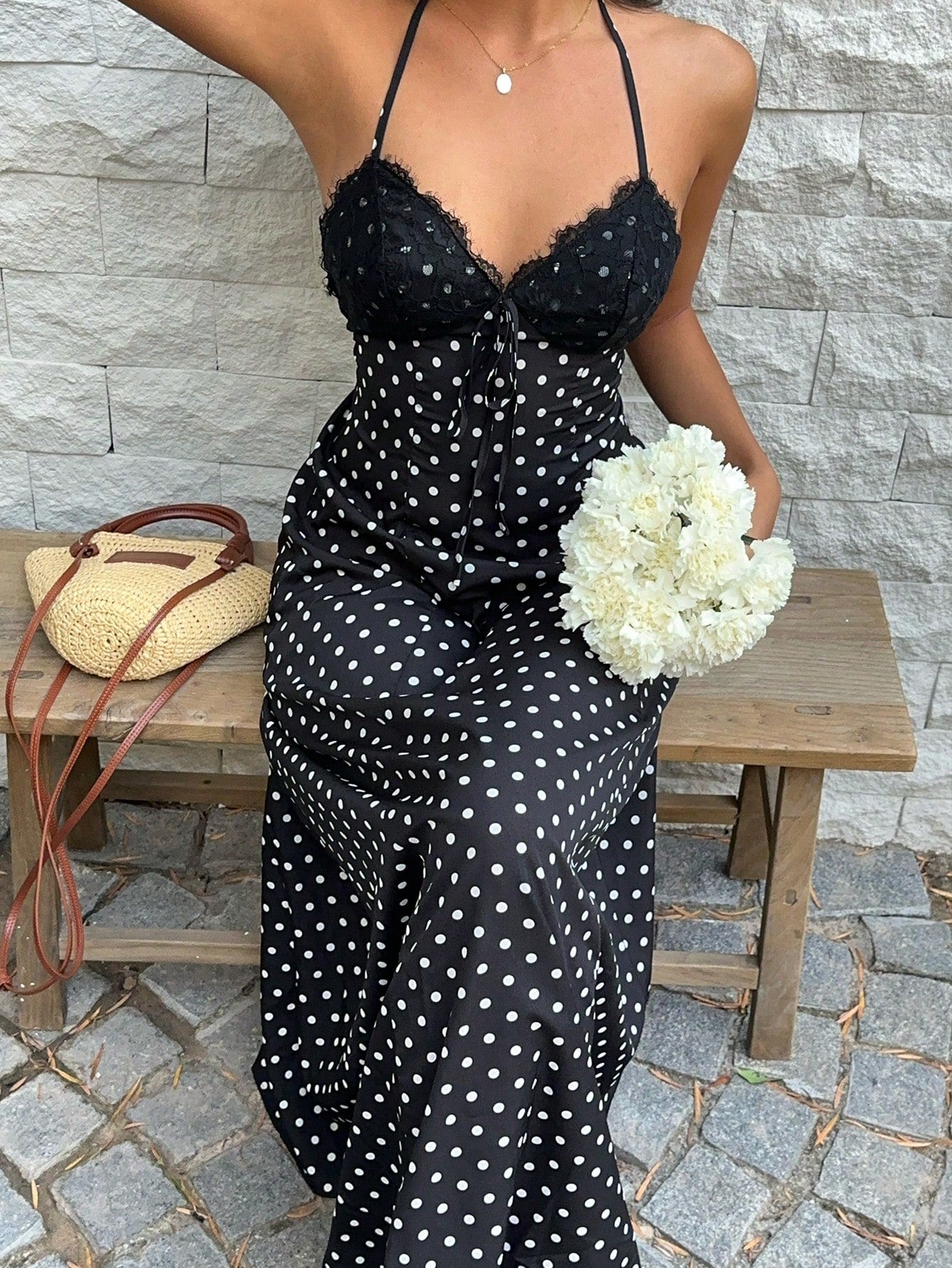 Sunnyshic Women Black And White Polka Dot Lace Patchwork V-Neck Halter Backless Maxi Dress,Elegant Summer Holiday Vacation,Wedding Guest Minimalist Daily Wear
