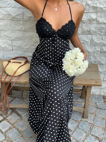 Sunnyshic Women Black And White Polka Dot Lace Patchwork V-Neck Halter Backless Maxi Dress,Elegant Summer Holiday Vacation,Wedding Guest Minimalist Daily Wear
