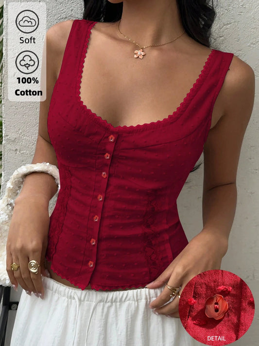 Sunnyshic Women's Fashion Casual 100% Cotton Lace Trim Patchwork Camisole