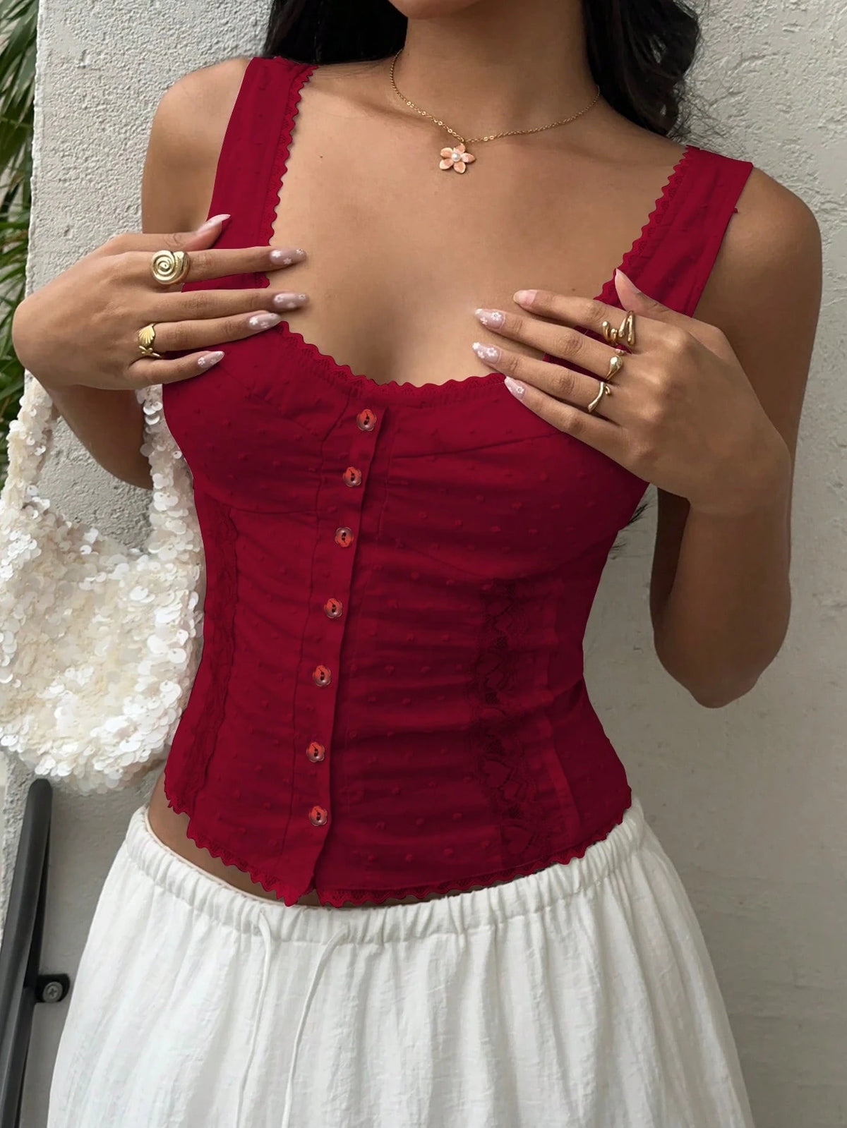 Sunnyshic Women's Fashion Casual 100% Cotton Lace Trim Patchwork Camisole