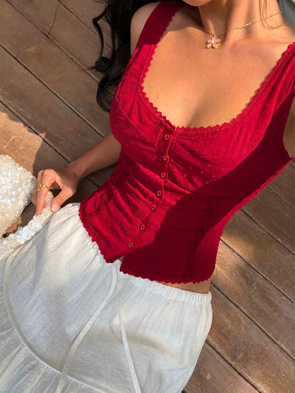 Sunnyshic Women's Fashion Casual 100% Cotton Lace Trim Patchwork Camisole