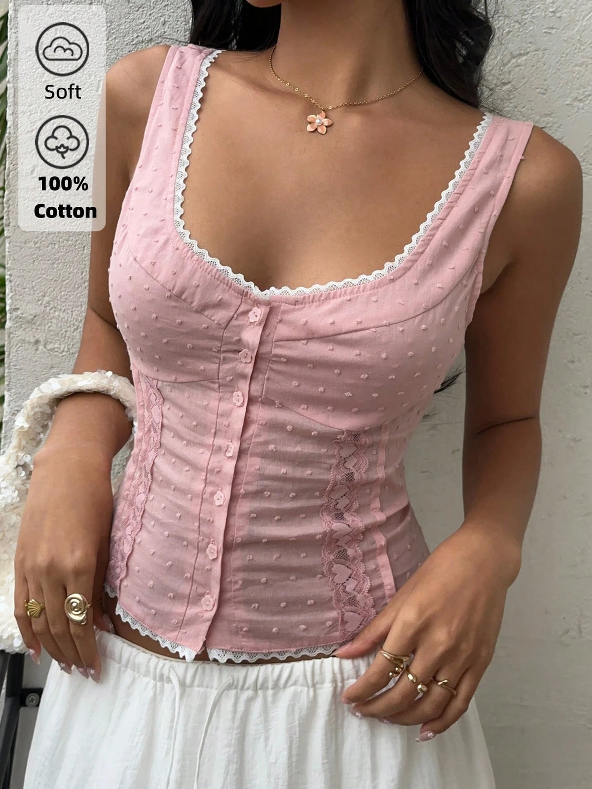 Sunnyshic Women's Fashion Casual 100% Cotton Lace Trim Patchwork Camisole