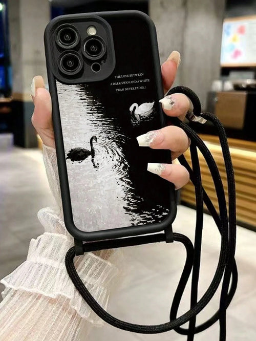 Swan Painted Minimalist Grooved Black Crossbody Adjustable Strap Phone Case Compatible With IPhone 17/17 Pro/17 Pro Max/16/15/XR/16 Pro Max/7P/8P/12 Pro Max/13 Pro Max/14 Pro Max/13/14/11/12/14/XS/S/X