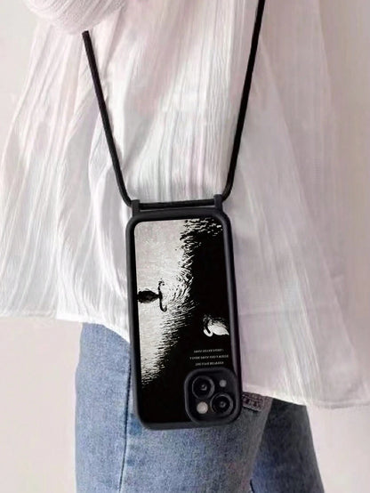 Swan Painted Minimalist Grooved Black Crossbody Adjustable Strap Phone Case Compatible With IPhone 17/17 Pro/17 Pro Max/16/15/XR/16 Pro Max/7P/8P/12 Pro Max/13 Pro Max/14 Pro Max/13/14/11/12/14/XS/S/X