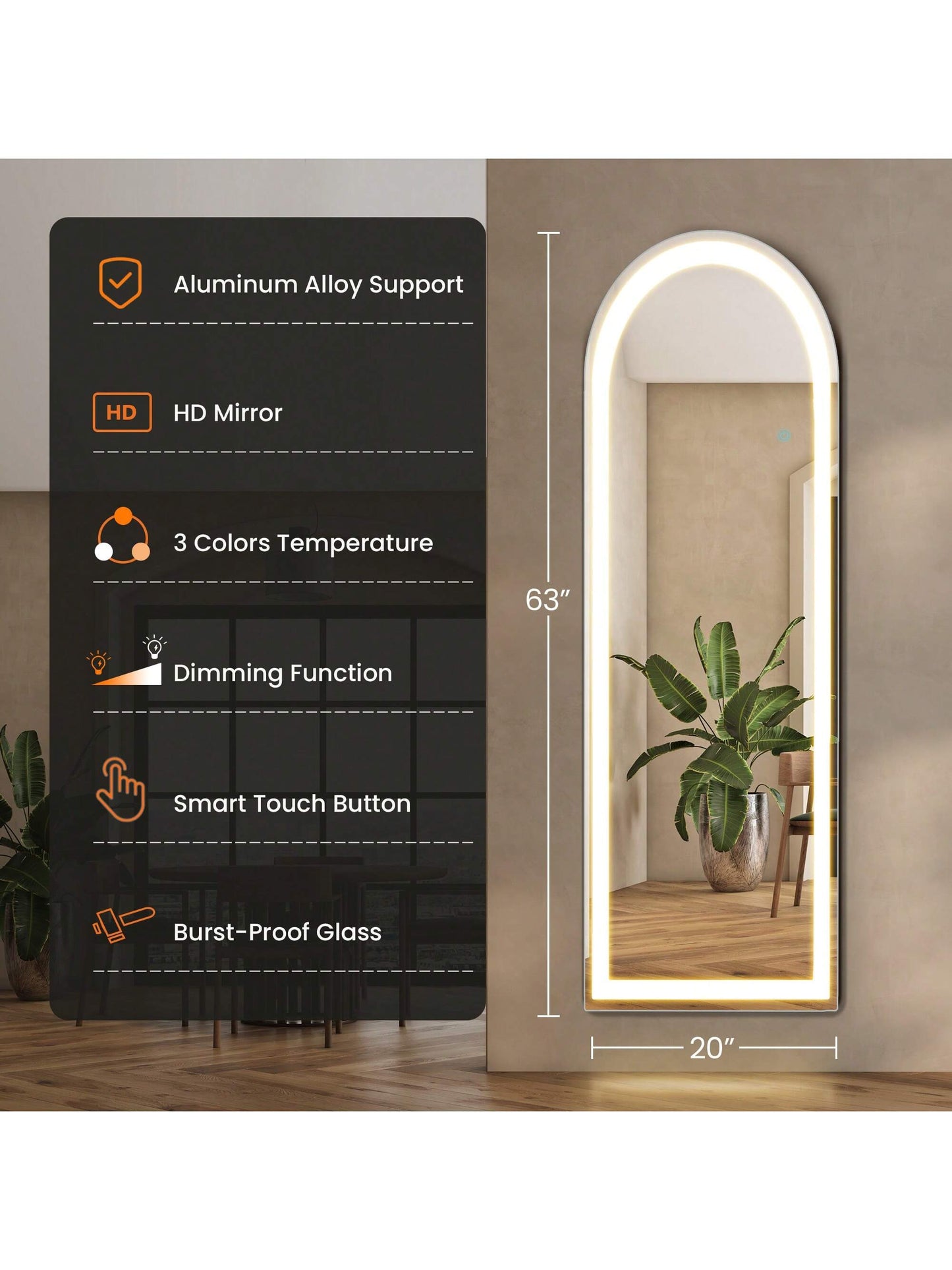 Sweetcrispy 63"X20" Full Length Mirror With LED Lights, Free Standing Floor Mirror, Lighted Full Body Mirror, Wall Mounted Mirror, Dimming & 3 Color Lighting For Bedroom, Living Room