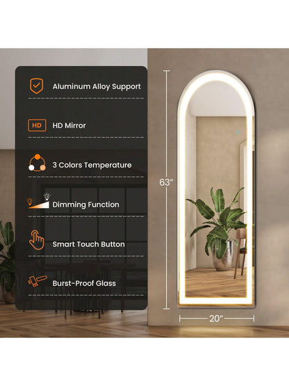 Sweetcrispy 63"X20" Full Length Mirror With LED Lights, Free Standing Floor Mirror, Lighted Full Body Mirror, Wall Mounted Mirror, Dimming & 3 Color Lighting For Bedroom, Living Room