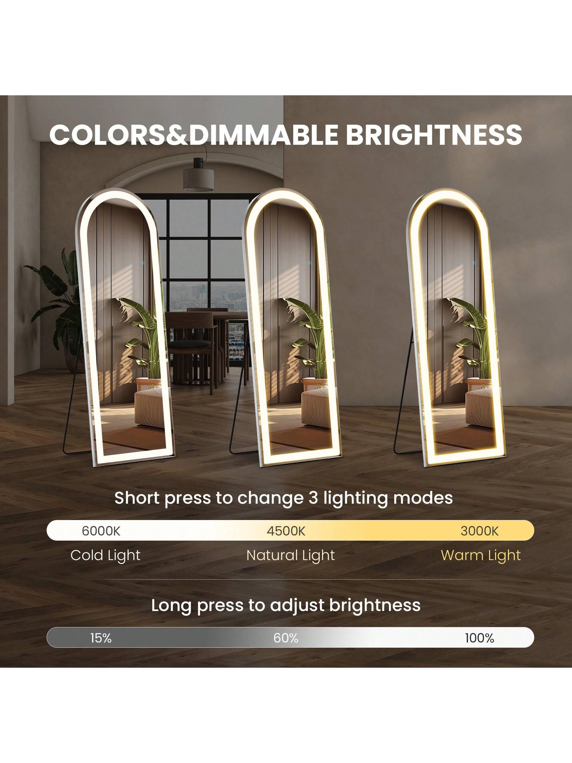 Sweetcrispy 63"X20" Full Length Mirror With LED Lights, Free Standing Floor Mirror, Lighted Full Body Mirror, Wall Mounted Mirror, Dimming & 3 Color Lighting For Bedroom, Living Room