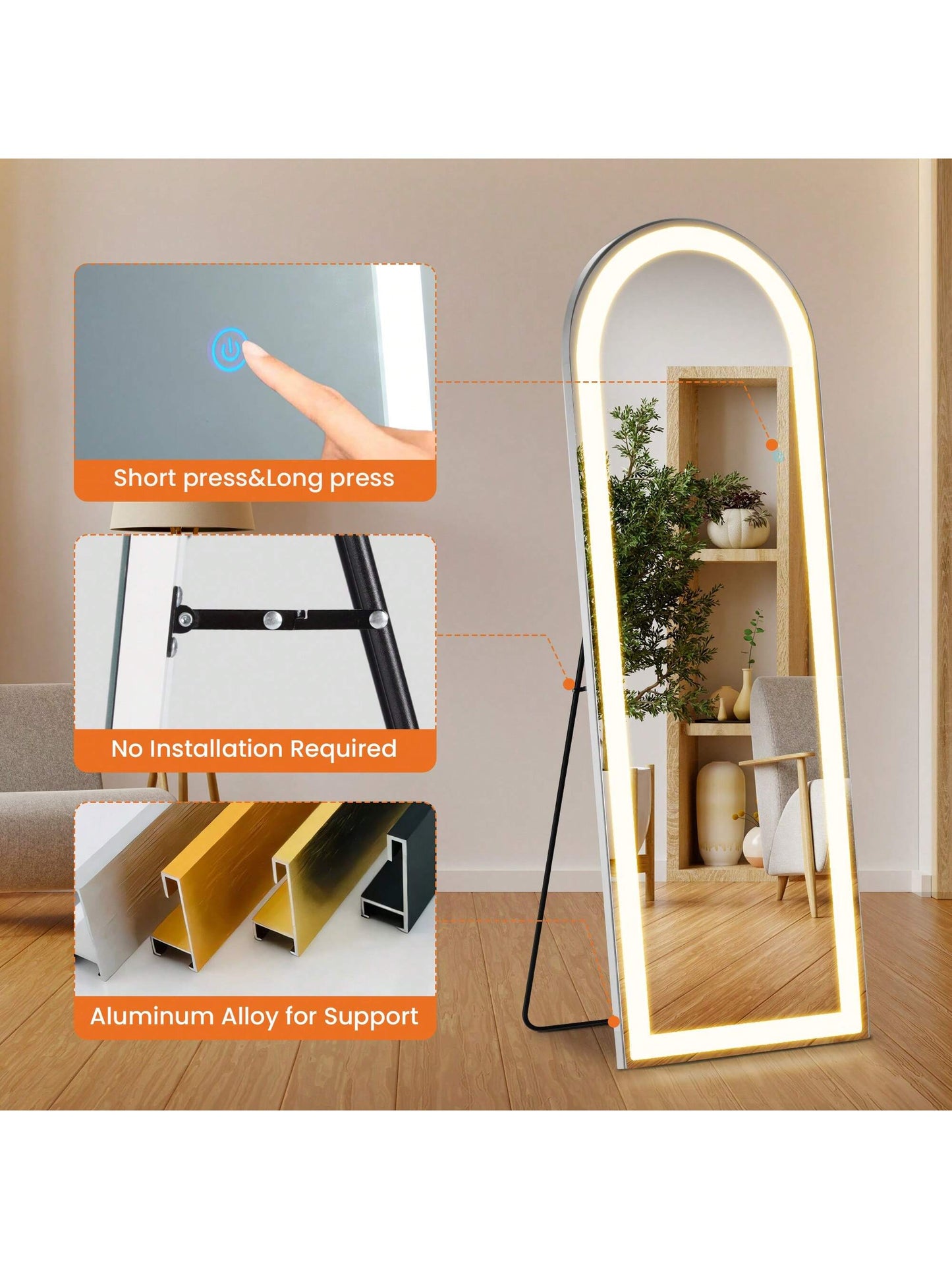 Sweetcrispy 63"X20" Full Length Mirror With LED Lights, Free Standing Floor Mirror, Lighted Full Body Mirror, Wall Mounted Mirror, Dimming & 3 Color Lighting For Bedroom, Living Room