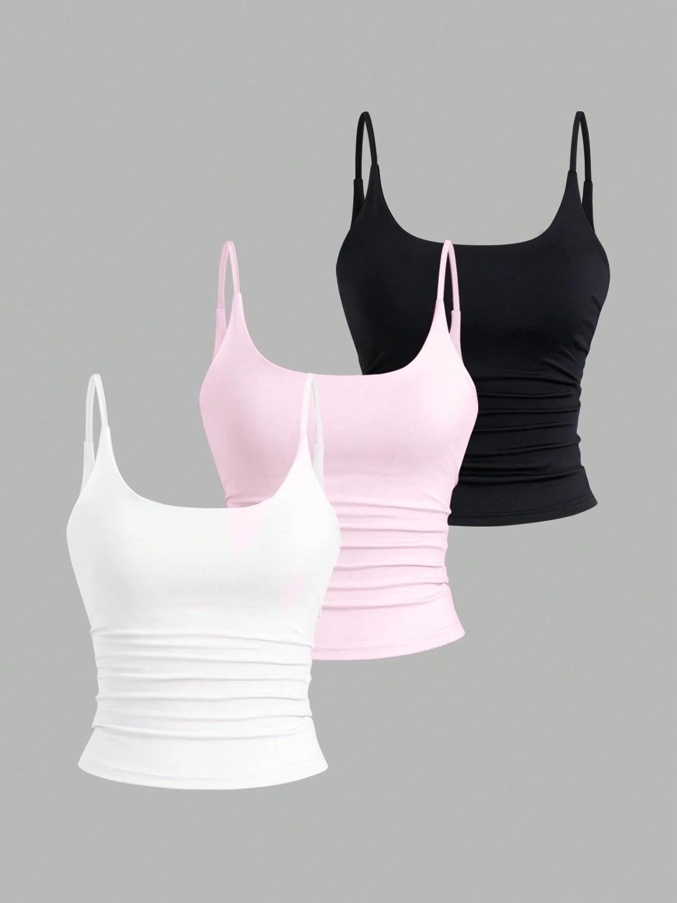 Sweetra 3pcs/Set Sexy Short Casual Commuter Versatile Daily Spaghetti Strap Square Neck Camisole In Apricot, Coffee Brown And Black For Women