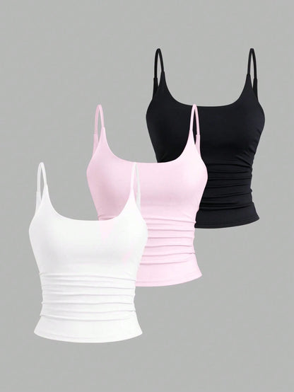 Sweetra 3pcs/Set Sexy Short Casual Commuter Versatile Daily Spaghetti Strap Square Neck Camisole In Apricot, Coffee Brown And Black For Women