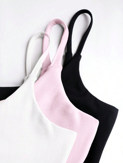 Sweetra 3pcs/Set Sexy Short Casual Commuter Versatile Daily Spaghetti Strap Square Neck Camisole In Apricot, Coffee Brown And Black For Women