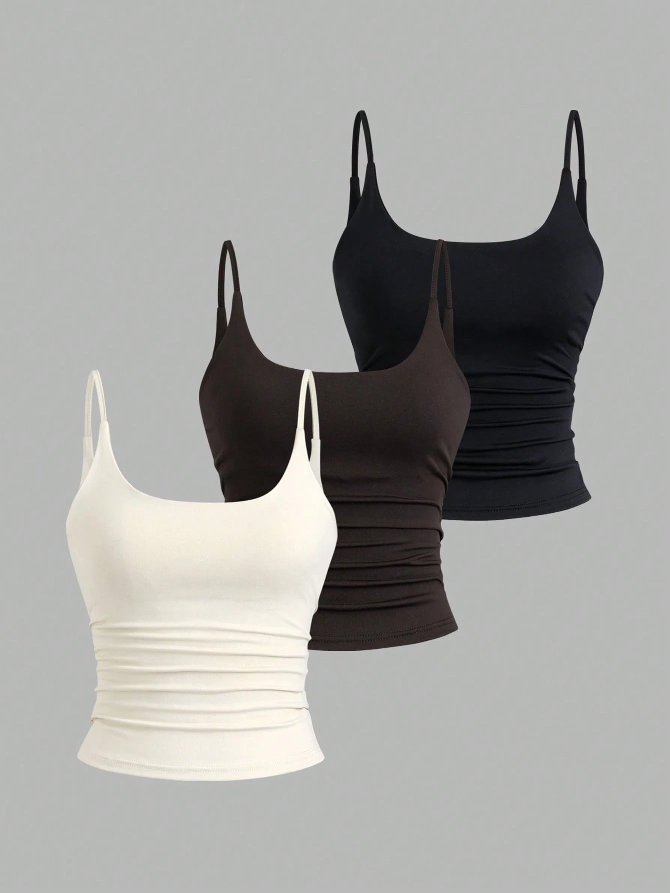 Sweetra 3pcs/Set Sexy Short Casual Commuter Versatile Daily Spaghetti Strap Square Neck Camisole In Apricot, Coffee Brown And Black For Women