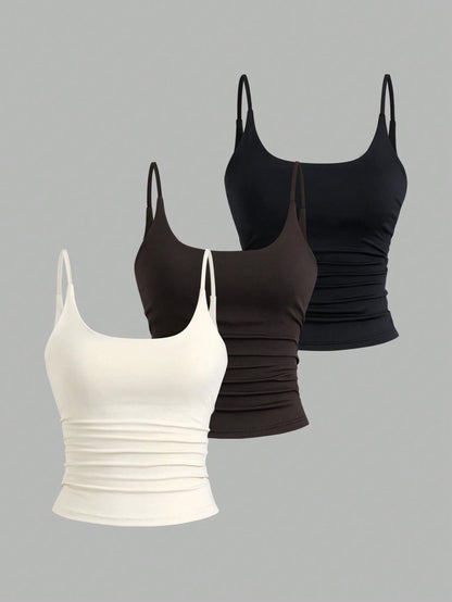 Sweetra 3pcs/Set Sexy Short Casual Commuter Versatile Daily Spaghetti Strap Square Neck Camisole In Apricot, Coffee Brown And Black For Women