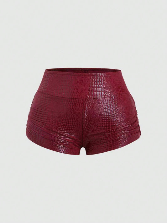Sweetra Classic Sexy Ruched Bodycon Shorts, Burgundy Textured Fabric, Slimming, Versatile For Christmas, Party Night, Sweet Spicy Style Summer