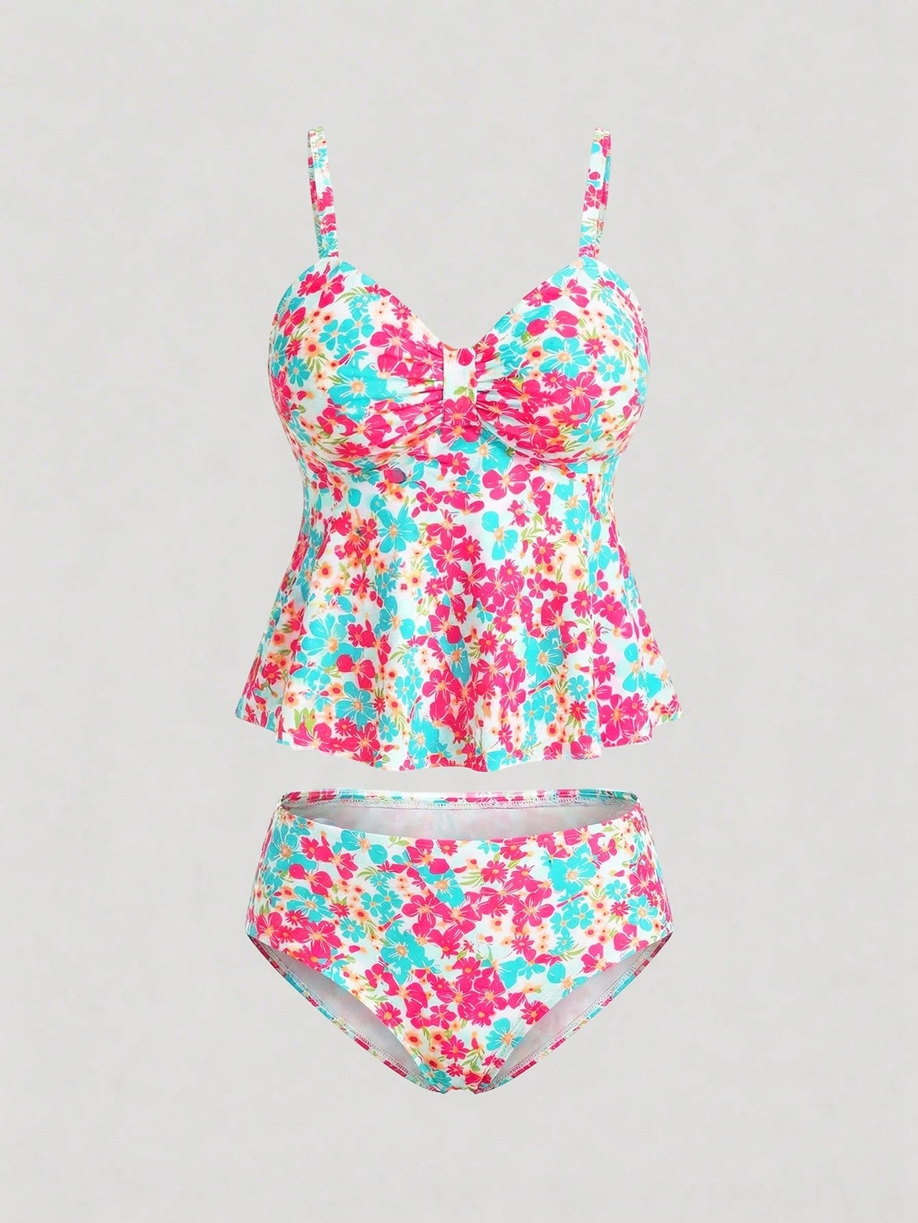Sweetra CURVE Plus Size Women 2 Pieces Mini Ditsy Floral Low Neck Tankini Set, Slimming Removable Padded Swimsuit For Holiday Beach For Summer Beach Vacation