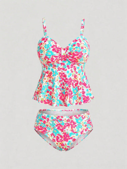 Sweetra CURVE Plus Size Women 2 Pieces Mini Ditsy Floral Low Neck Tankini Set, Slimming Removable Padded Swimsuit For Holiday Beach For Summer Beach Vacation