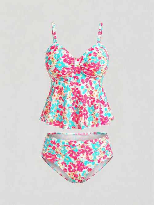 Sweetra CURVE Plus Size Women 2 Pieces Mini Ditsy Floral Low Neck Tankini Set, Slimming Removable Padded Swimsuit For Holiday Beach For Summer Beach Vacation