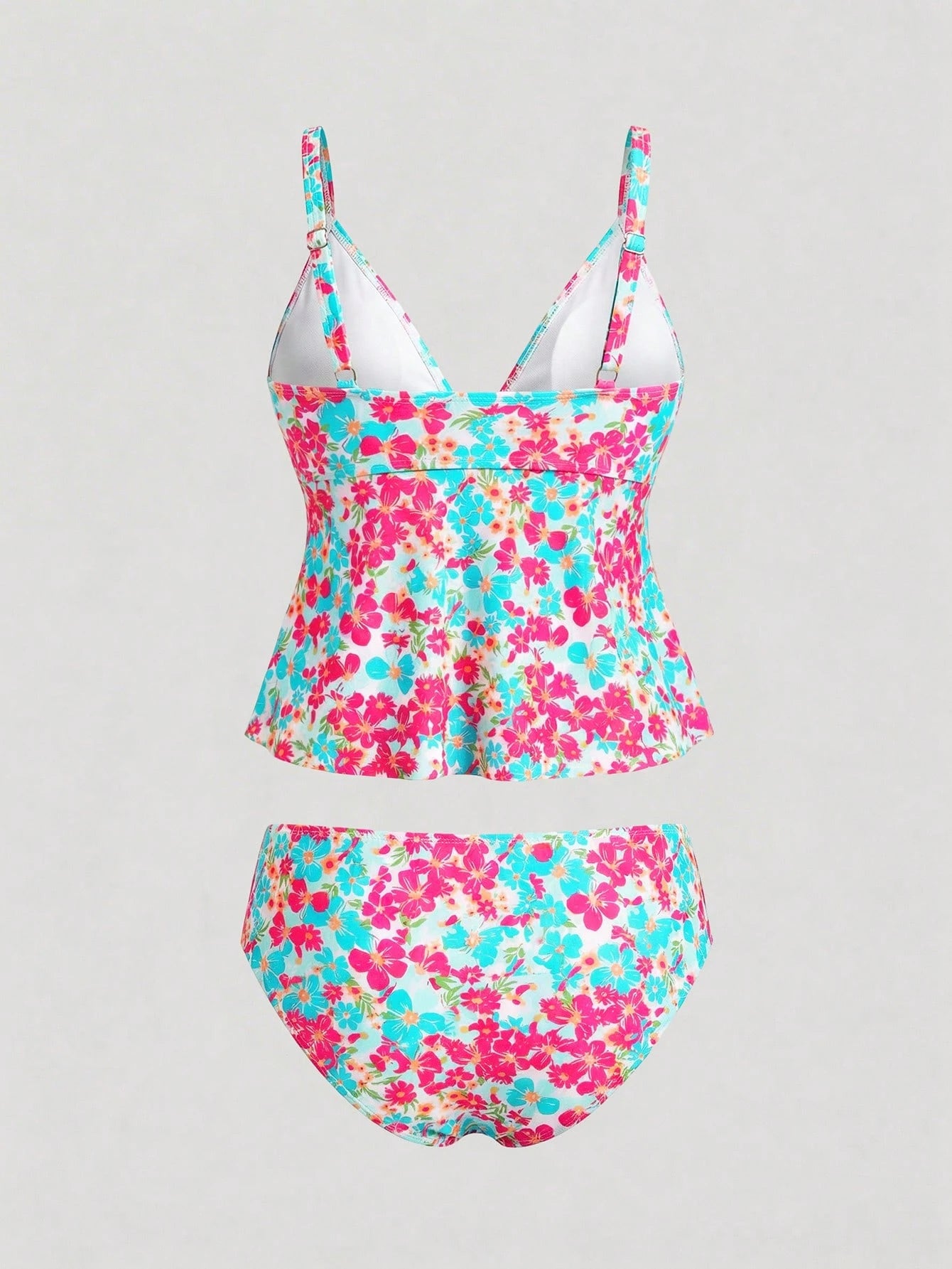 Sweetra CURVE Plus Size Women 2 Pieces Mini Ditsy Floral Low Neck Tankini Set, Slimming Removable Padded Swimsuit For Holiday Beach For Summer Beach Vacation