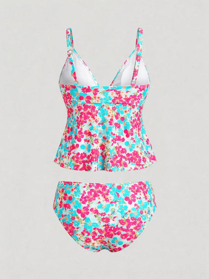 Sweetra CURVE Plus Size Women 2 Pieces Mini Ditsy Floral Low Neck Tankini Set, Slimming Removable Padded Swimsuit For Holiday Beach For Summer Beach Vacation