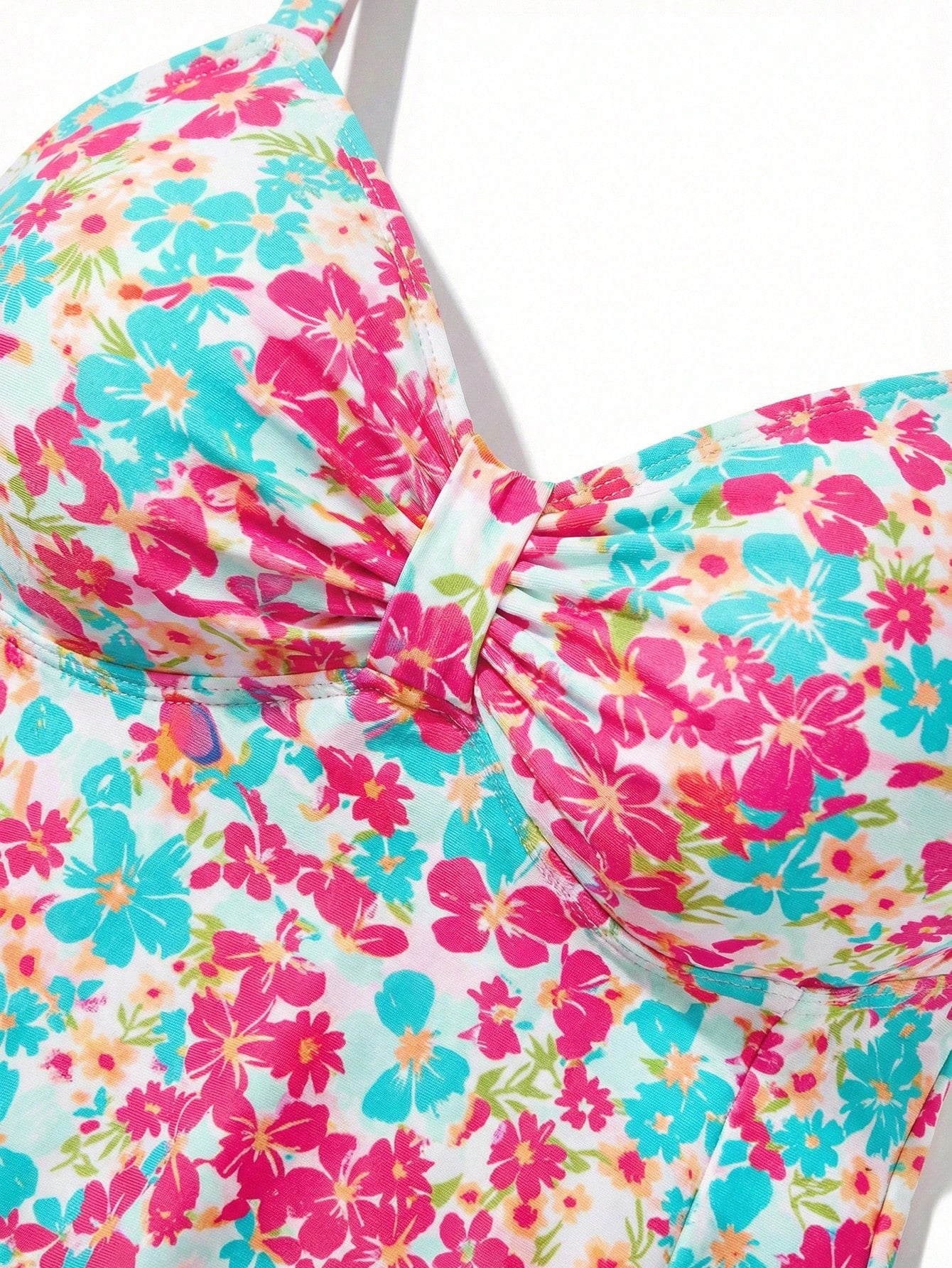 Sweetra CURVE Plus Size Women 2 Pieces Mini Ditsy Floral Low Neck Tankini Set, Slimming Removable Padded Swimsuit For Holiday Beach For Summer Beach Vacation
