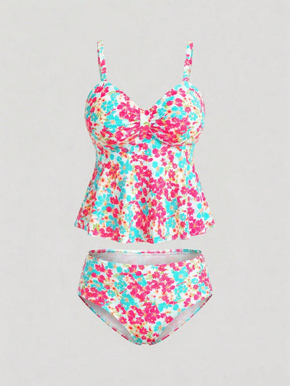 Sweetra CURVE Plus Size Women 2 Pieces Mini Ditsy Floral Low Neck Tankini Set, Slimming Removable Padded Swimsuit For Holiday Beach For Summer Beach Vacation
