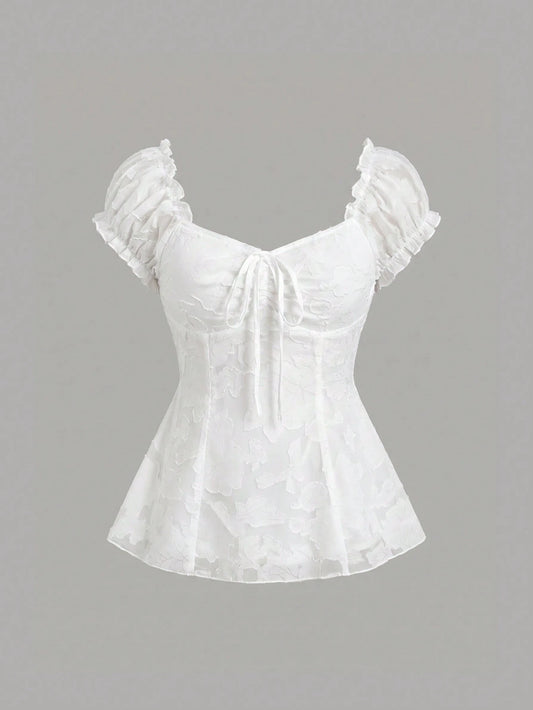 Sweetra Elegant Floral Embroidered Chiffon Blouse, Sweet And Charming Summer Top For Women