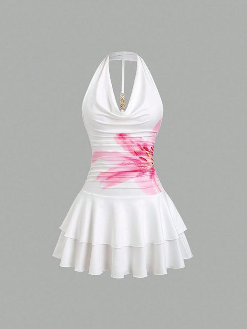 Sweetra Floral Print Draped Neck Backless Mini Dress