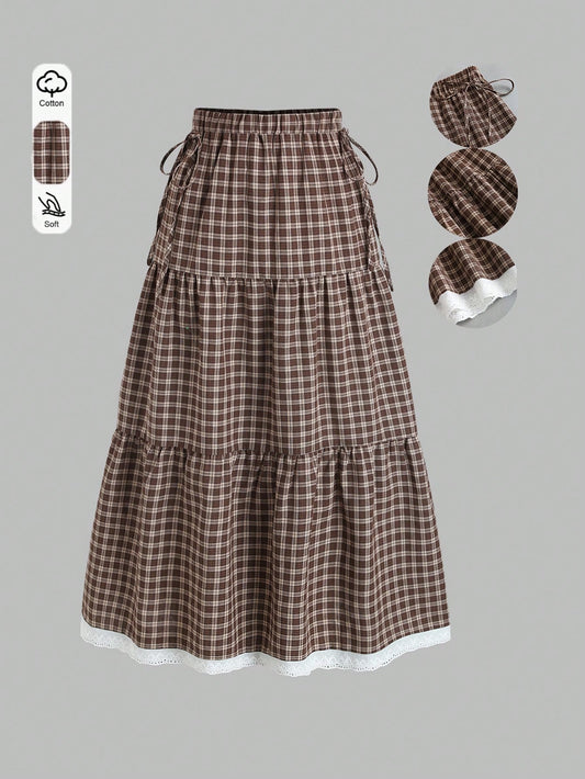 Sweetra French Plaid Design Vintage Collegiate Layered Hem Patchwork Sweet Lace Spring/Autumn New Fashion Bow Decor Fresh Elegant Lady Skirt