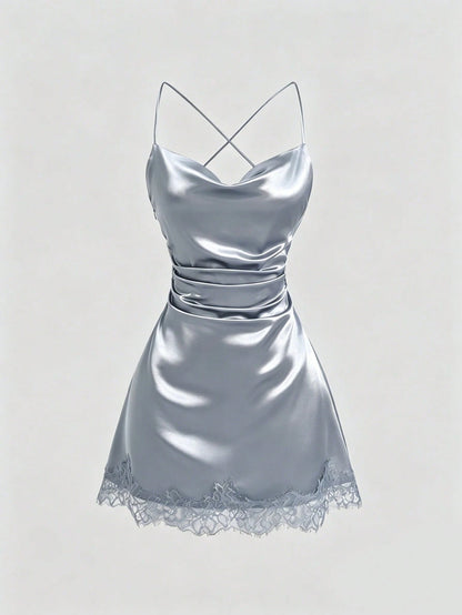 Sweetra New Satin Mini Dress With Contrast Lace, Coffee Color, Suitable For Party Wear