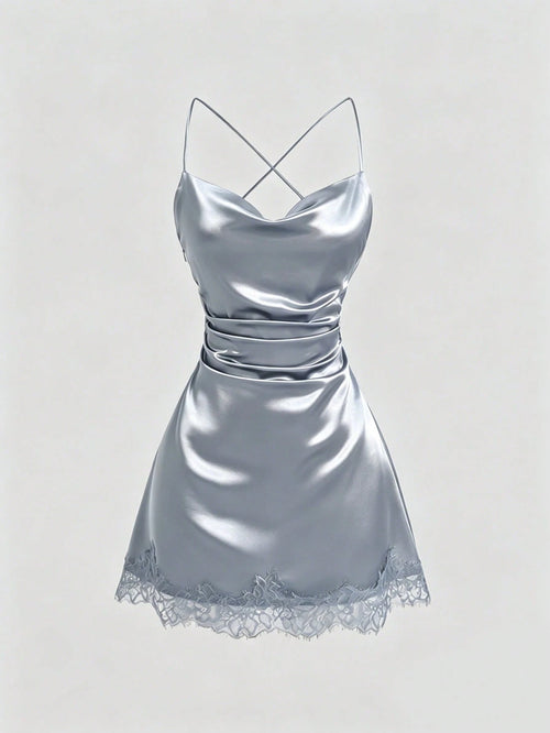 Sweetra New Satin Mini Dress With Contrast Lace, Coffee Color, Suitable For Party Wear