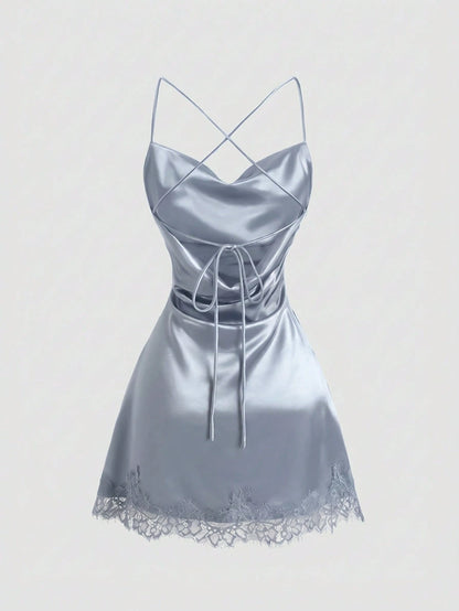 Sweetra New Satin Mini Dress With Contrast Lace, Coffee Color, Suitable For Party Wear