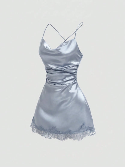 Sweetra New Satin Mini Dress With Contrast Lace, Coffee Color, Suitable For Party Wear