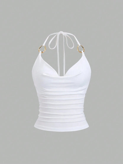 Sweetra New Y2K Metal Ring Decor Commuter Versatile Draped Neck Tie Strap Women Tank Top