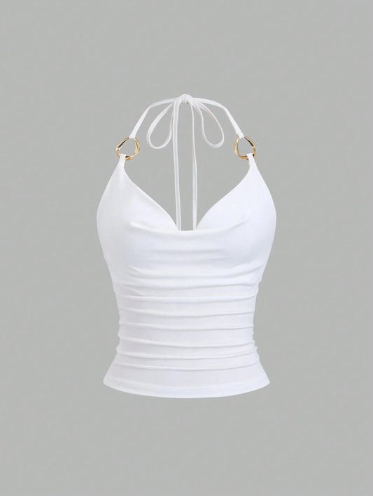 Sweetra New Y2K Metal Ring Decor Commuter Versatile Draped Neck Tie Strap Women Tank Top